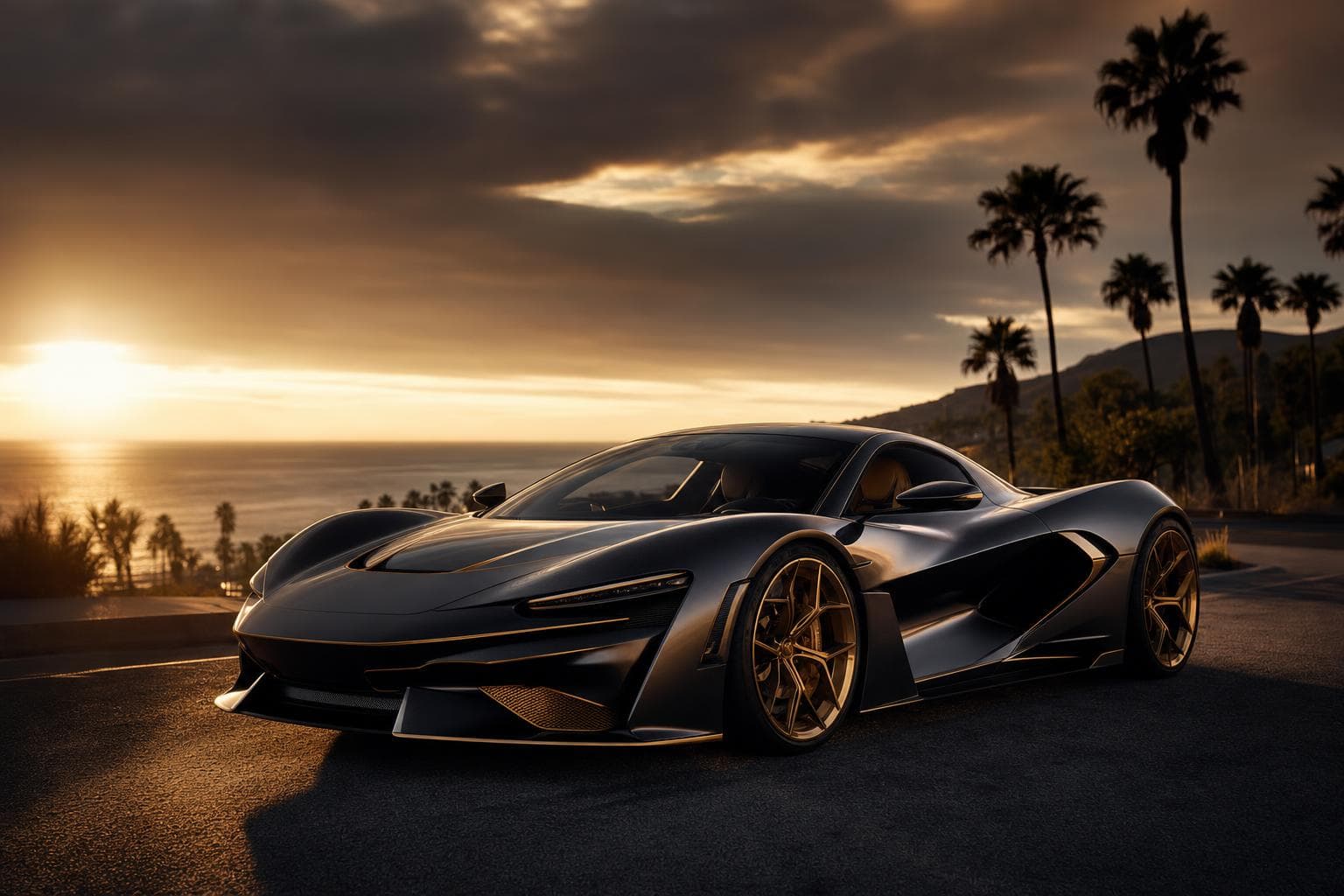 Exotic supercar on a Southern California coast road at sunset