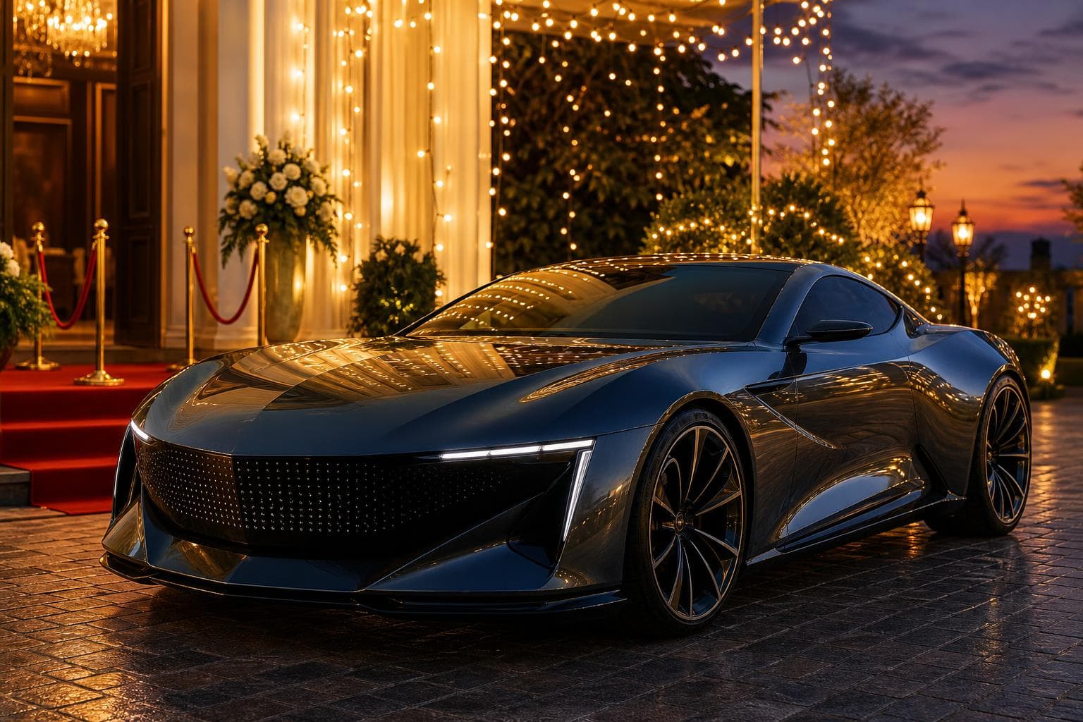 Luxury sports car at an elegant prom venue in the evening