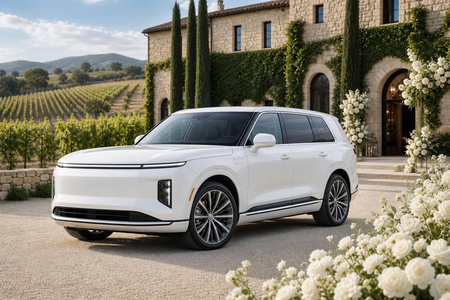 Luxury wedding car rental at a California vineyard estate
